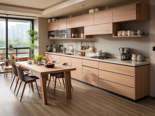 modern kitchen with dining table and big window minimal, luxury, wooden