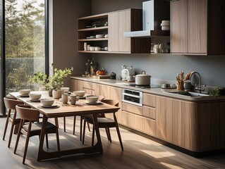 modern kitchen with dining table and big window minimal, luxury, wooden cabinet