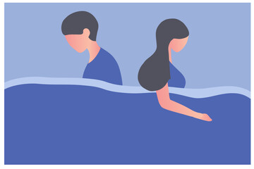Young couple sleeping and turned back each other. Intimate, married or sexual problems vector illustration 