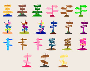 Collection camp wooden pointer for camping and outdoor travel expedition.Set of road sign camping.