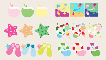 Collection icon summer Starfish, swimming ring, coconut, ice cream, surfboard. set of summer.
