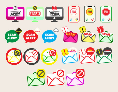 Collection icon alerts against viruses, spam, in various forms. set of Spam pop-up warning.