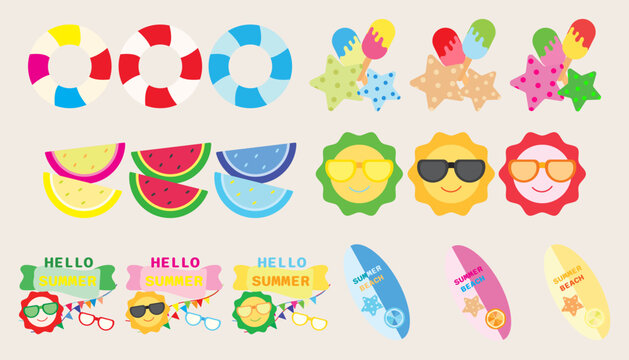 Collection icon summer Starfish, swimming ring, coconut, ice cream, surfboard. set of summer.