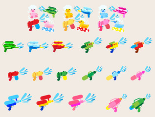 Collection icon Water gun. Plastic summer toy. Colorful design for children. set of Gun with water splash.