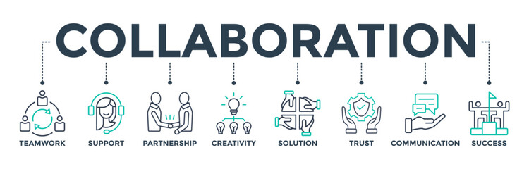 Collaboration banner web icon vector illustration concept with icons of teamwork, support, partnership, creativity, solution, trust, communication, success