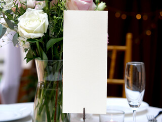 Mockup white blank space card, for Menu, Flyer, greeting, invitation on wedding table setting...