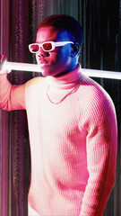 Crypto art. Cyber people. Nft techno portrait. Pink blue neon light confident man in sunglasses on...