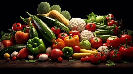 Composition with variety of fresh organic vegetables on black background. Balanced diet