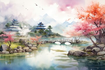 Chinese ink landscape painting created digitally Generative AI