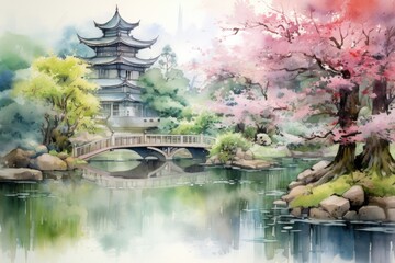 Fototapeta premium Chinese ink landscape painting created digitally Generative AI