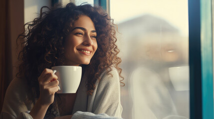 A beautiful young woman smiling holding a cup drinking coffee in a coffee shop. - obrazy, fototapety, plakaty