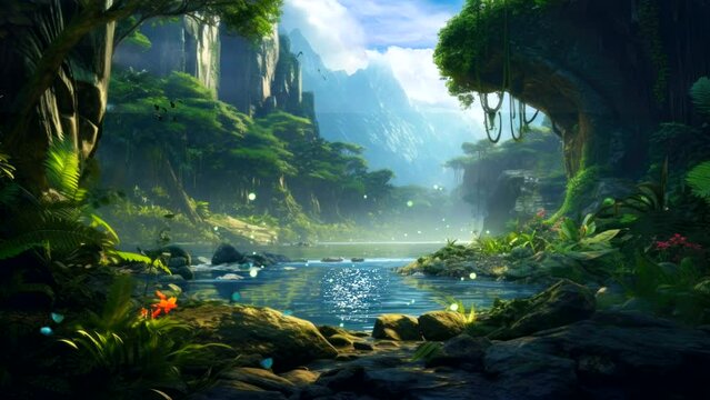 tropical Rainforest background video, with river, tree amazing view landscape nature fantasy looping scenery 4k