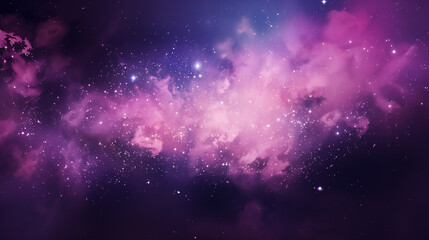 Starry sky in deep outer space with nebula filled with pink and purple hues. 