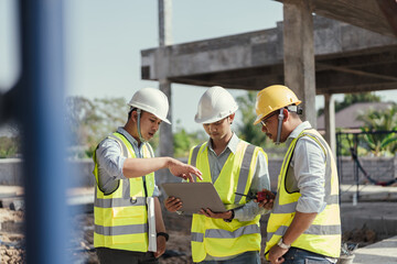 Building Project with Civil Engineer, Contractor and Architect discussing plan details. Team engineer inspection use computer laptop working at construction site. Teamwork discussing at workplace.