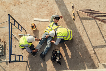 First aid worker accident in construction site, Builder accident fall scaffolding to concrete...