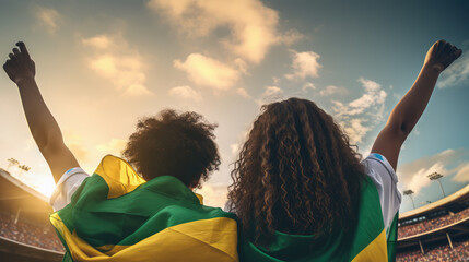 Beautiful couple with their backs to the camera with a Brazilian flag on Brazil's Independence Day.