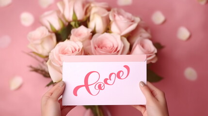 Obraz na płótnie Canvas Valentine day greetings card in woman hand ,envelope for Valentines day ,greetings card ,roses on pink background ,greetings text,copy space 