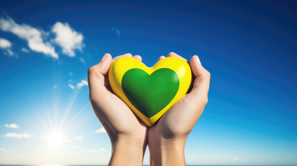 Hands in the shape of a heart with the flag of Brazil on the blue sky, Independence Day of Brazil.