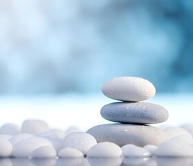White and gray stones are stacked on a mirrored surface, surrounded by small translucent white pebbles. Zen and balance concept. 