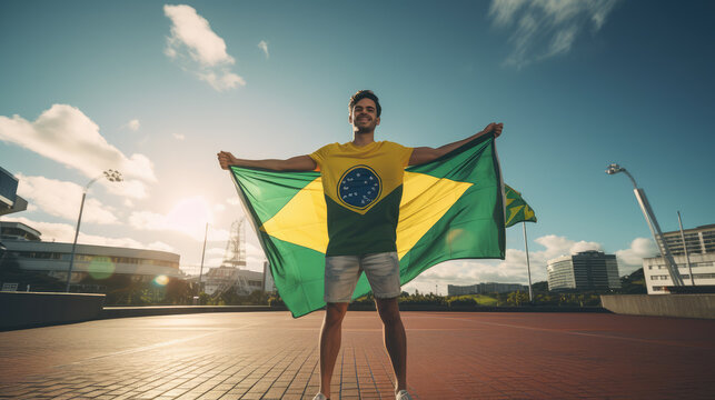 A handsome young man smiling full length with a Brazilian flag on Brazil's independence day.