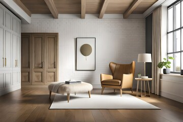 Fototapeta premium 3d rendering of a minimal relaxed space with earthy tones and a beige sheepskin club armchair