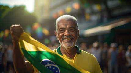Fototapeta premium A man smiling at the camera with a Brazilian flag on Brazil's Independence Day.