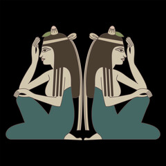 Symmetrical ethnic design with two seated ancient Egyptian women in profile. On black background.