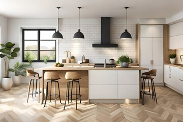 3d rendering of a wooden scandinavian kitchen with white bricks, an island and many plants