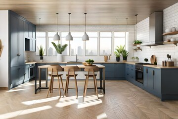 3d rendering of a wooden scandinavian kitchen with white bricks, an island and many plants. Modern kitchen interior