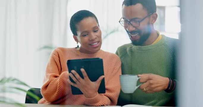 Man, woman and tablet in home for online shopping, streaming internet show and social media. Happy black couple scroll on digital technology for ebook subscription, download app and chat about blog
