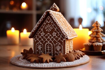 gingerbread house with powdered sugar for Christmas on festive background. holiday concept. Background bokeh effect, candles, tree and decorations.