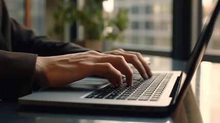 Close up of man hands typing on laptop keyboard. Businessman working in office.