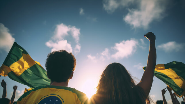 Beautiful couple with their backs to the camera with a Brazilian flag on Brazil's Independence Day.