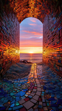 Beautiful sunset over the sea through the old brick arch on the beach., created by generative AI technology.