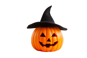 Fototapeta premium Photo of cute Halloween carved pumpkin with witch hat isolated on white background PNG