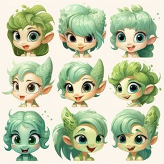 Clipart set of cartoon green wooden dragon with different emotions. 
