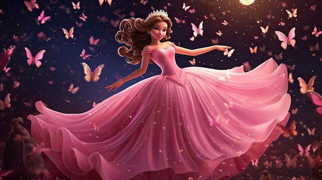 Cute cartoon princess in pink dress, surrounded by sparkles. A fairytale dream come true.