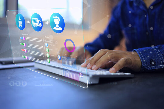 Businessman using laptop computer to tracking package shipment or travel status from seller to destination buyer domestic and international. Parcell transportation shipping online Marketing