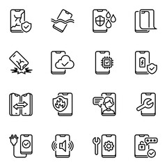 Mobile phone service and repair line icons. scratch, technician, touch, protect, maintenance, telephone, support, cellphone, smart, diagnostic, outline, fix, protection, repair, screen, cell