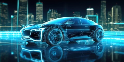 Wireframe car blue light, AI generated Image