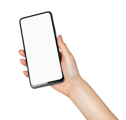 Hand holding the black smartphone with mockup of blank screen on isolated background.