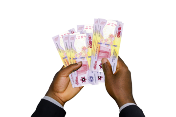 Black Hands in suit holding 3D rendered New Central African CFA franc notes