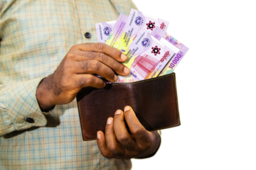 Black person Holding brown wallet
With Central African CFA franc notes, hand removing money out of wallet over transparent background removing money from wallet