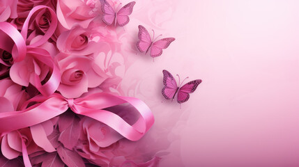 Fototapeta premium World Breast Cancer awareness month concepts designs. Pink ribbon with butterfly decoration. Women health care support. Medical Design for ad, social media, web, cover, promotion. Generative AI
