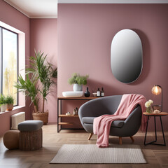  A mirror with brown color wall background room pink 
