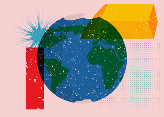 Planet Earth with colorful geometric shapes. Object in trendy riso graph design. Geometry elements abstract risograph print texture style.