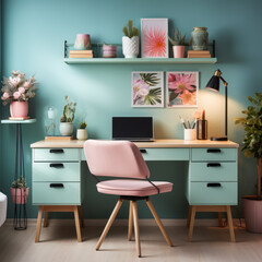 A desk with pink color wall background room blue 
