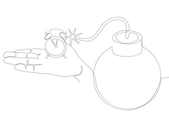 One continuous line of alarm clock with Bomb. Thin Line Illustration vector concept. Contour Drawing Creative ideas.