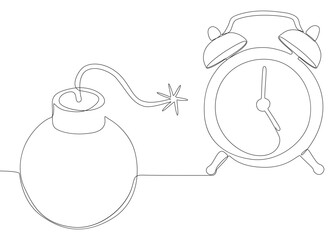 One continuous line of alarm clock with Bomb. Thin Line Illustration vector concept. Contour Drawing Creative ideas.