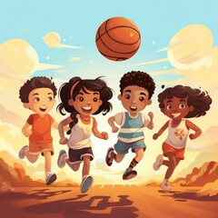 Cartoon children playing basketball, AI generated Image